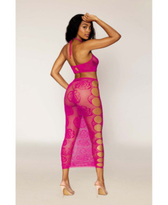 Ensemble Soutien-gorge et jupe longue en filet rose 